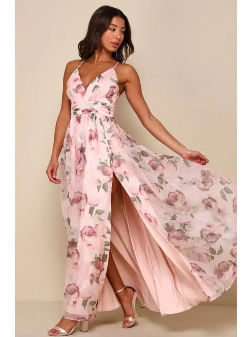 Lulus Romance That Wows Blush Floral Print Organza Maxi Dress Size Medium
